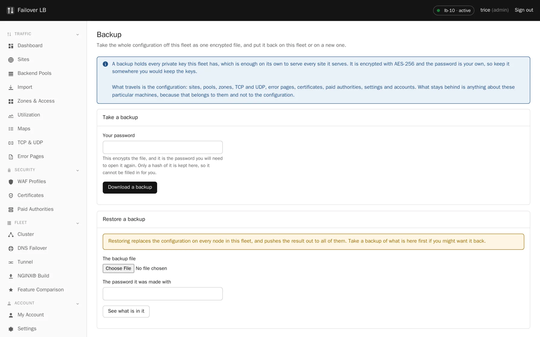 The Backup page. Take one, or inspect one before you restore it.