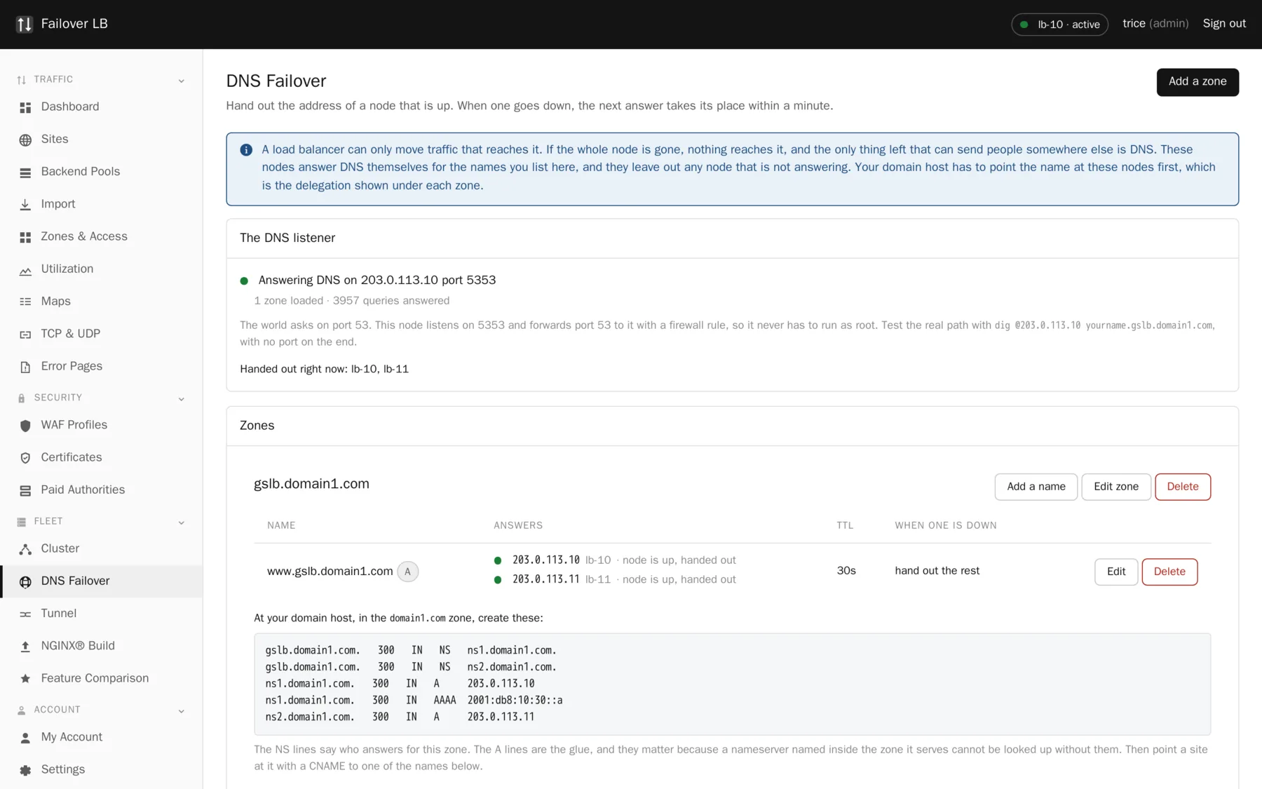 The DNS Failover page. Zones, names, answers, and the exact records to create at your domain host.