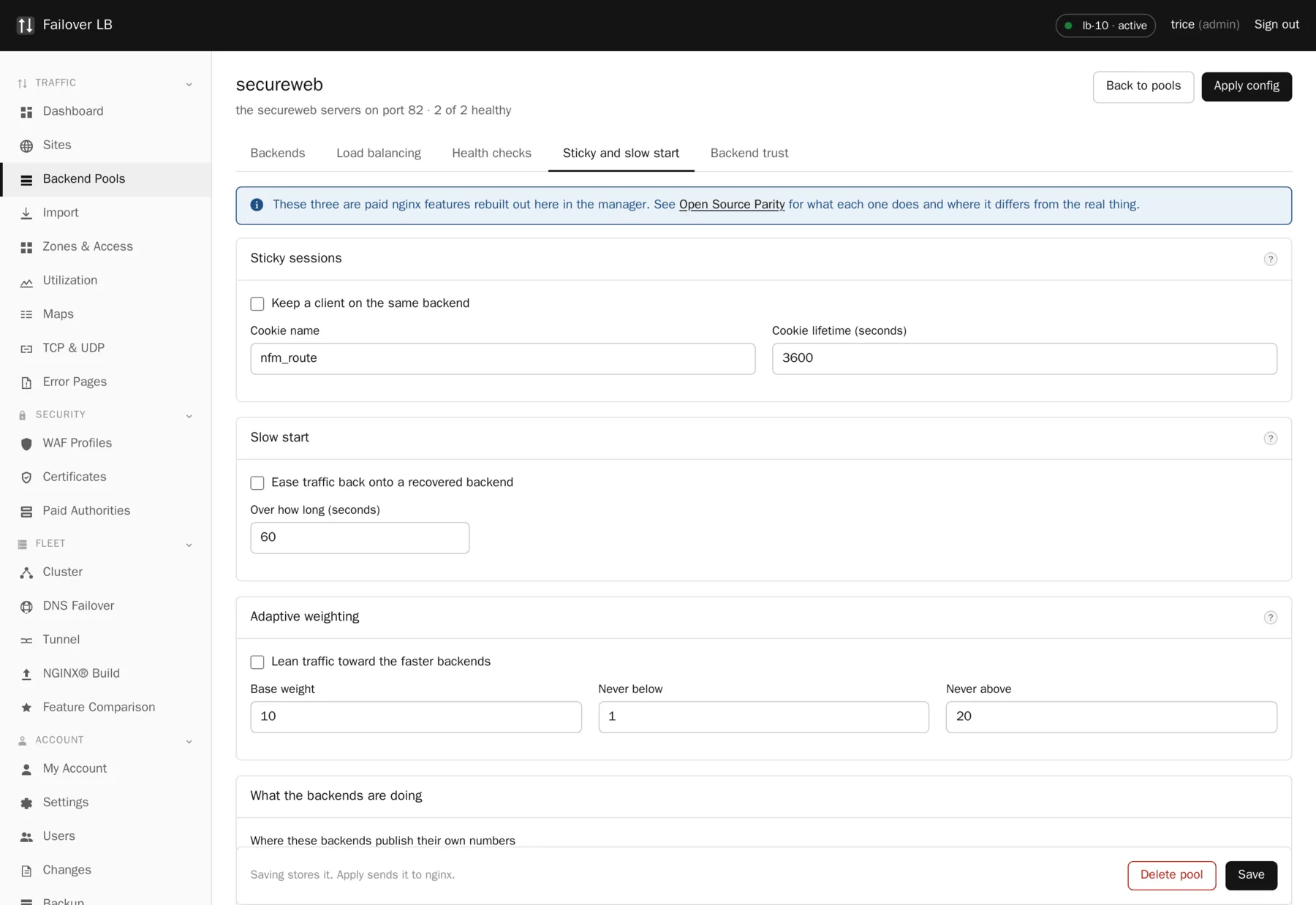 A pool, sticky and slow start. The two features rebuilt from outside the nginx process.