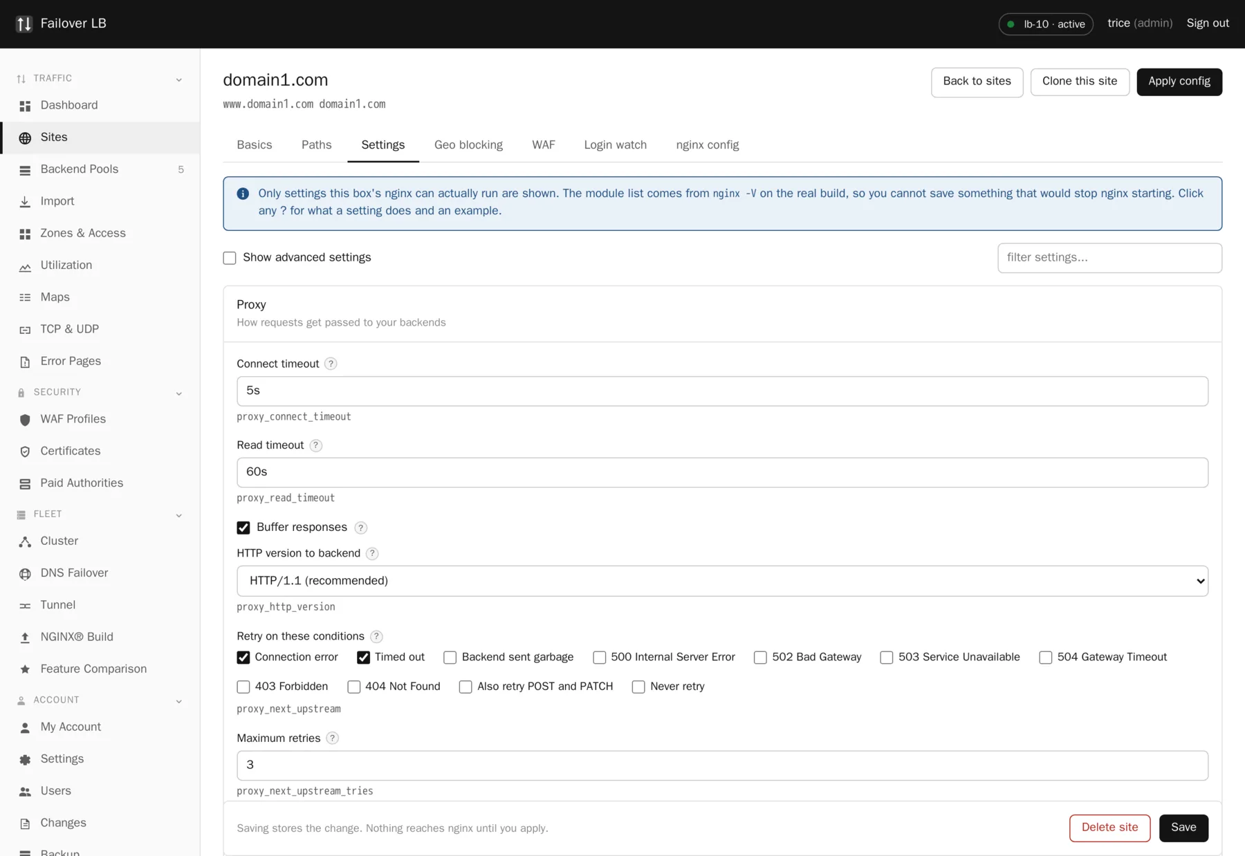 A site, settings. Only the options this build of nginx can actually run are shown at all.