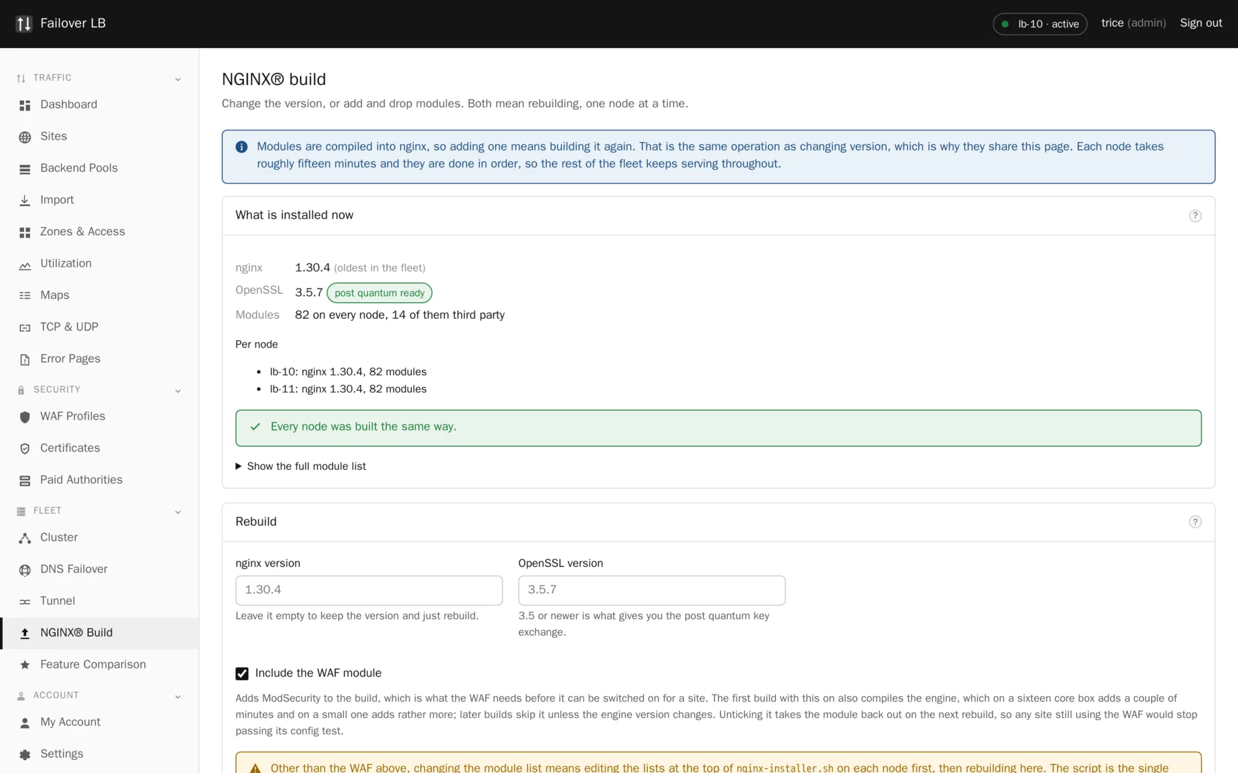 NGINX build. What each node is running, and a rebuild that tests before it replaces.