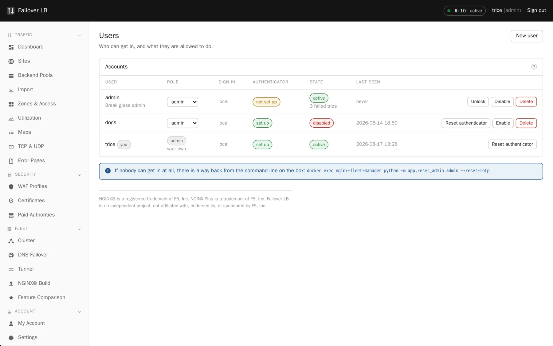 Users. Three roles, a required second factor, shared across every node.