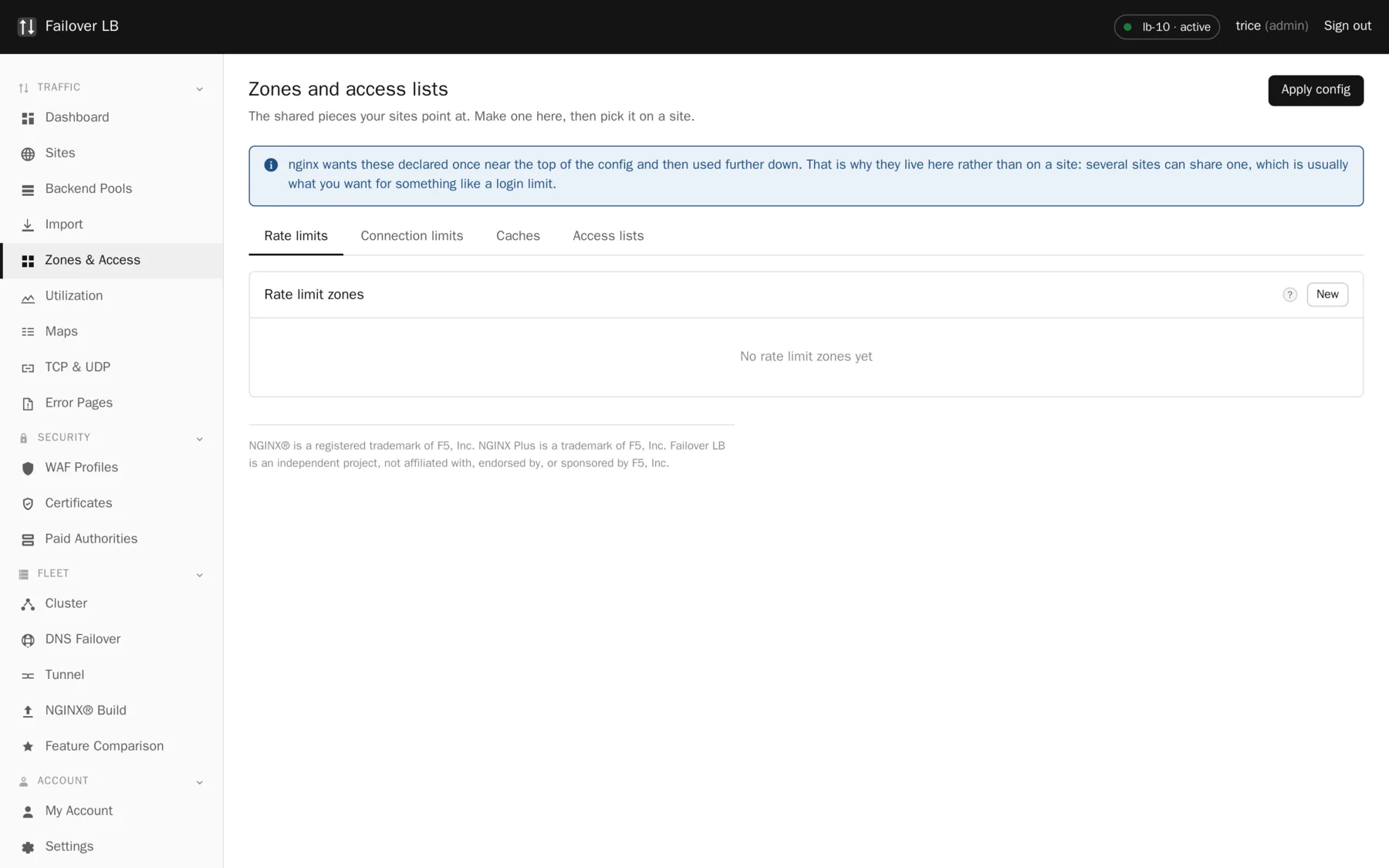 Zones and access. Rate limits, connection limits, caches and access lists, shared by any site.